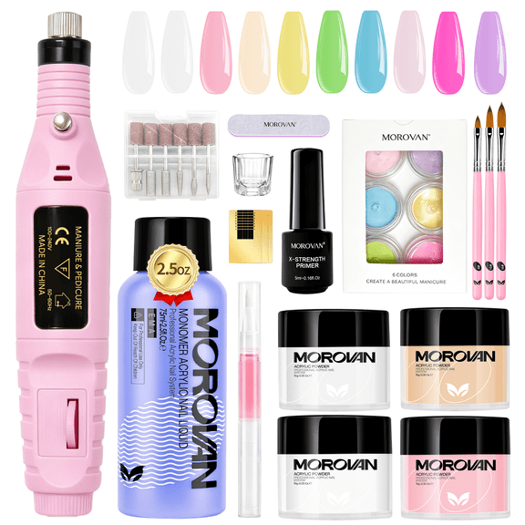 Morovan Acrylic Nail Kit with Drill,Complete Set for Beginners with Clear, White, Pink & Nude Acrylic Powder, Liquid, Brushes & Tools for Home Salon Nail Extensions