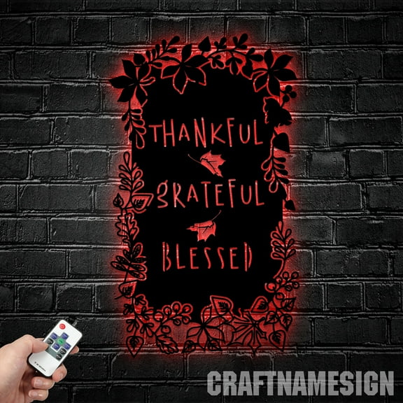 Craftnamesign Thankful Grateful Blessed Metal Sign Led Light, Autumn Wall Art, Thanksgiving Gifts