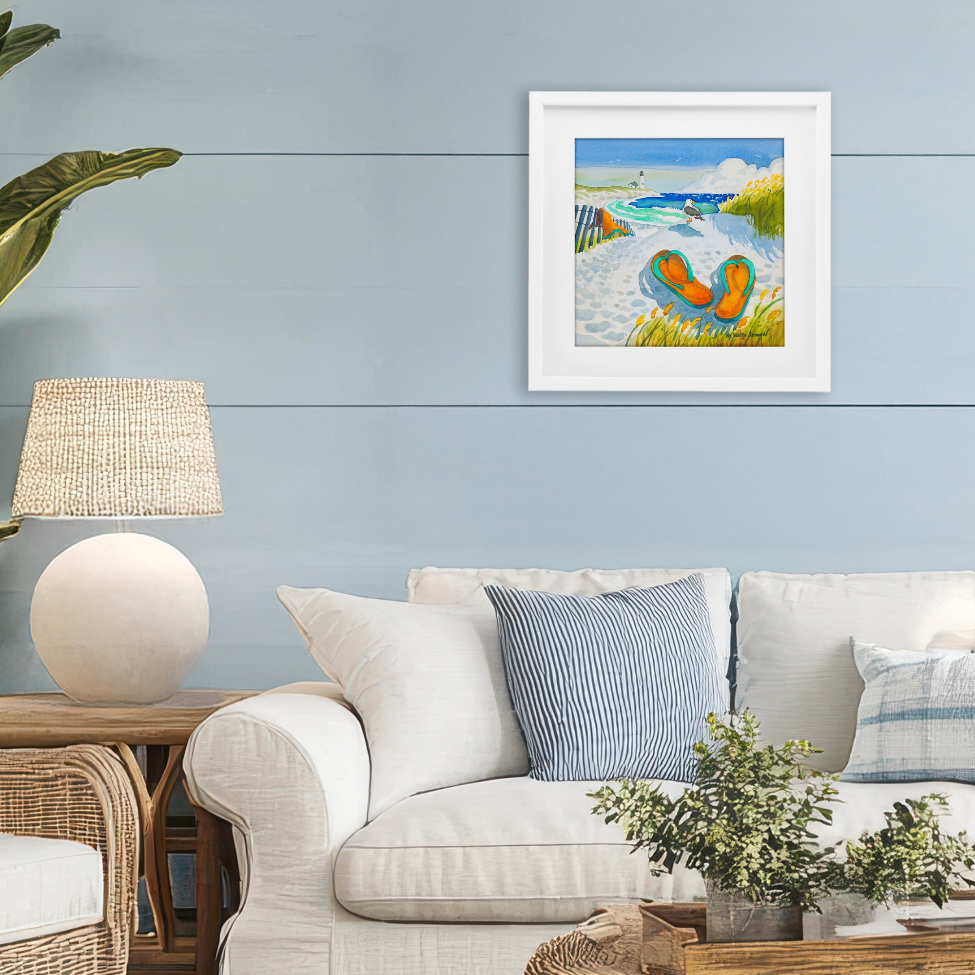 Stupell Industries Seagull & Flip Flops White Framed Print Under Glass, design by Robin Altman