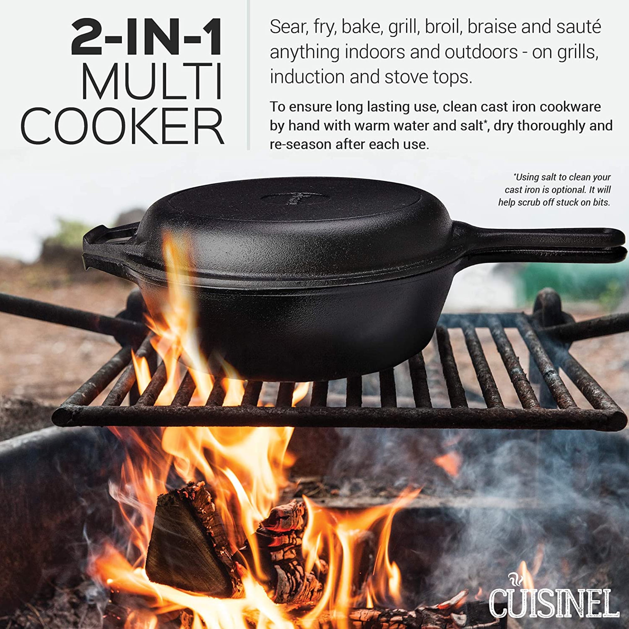 Cuisinel Cast Iron Skillet + Lid - 2-In-1 Multi Cooker - Deep Pot + Frying  Pan - 3-Qt Dutch Oven - Pre-Seasoned Oven Safe Cookware - Indoor/Outdoor 
