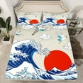 thumbnail image 2 of Manfei Tokyo Sea Waves Bed Sheets, Cartoon White Crane Animal King Sheets, Japanese Style Sun Sheet Set, Super Cozy Room Decor, 4-Piece, 2 of 7