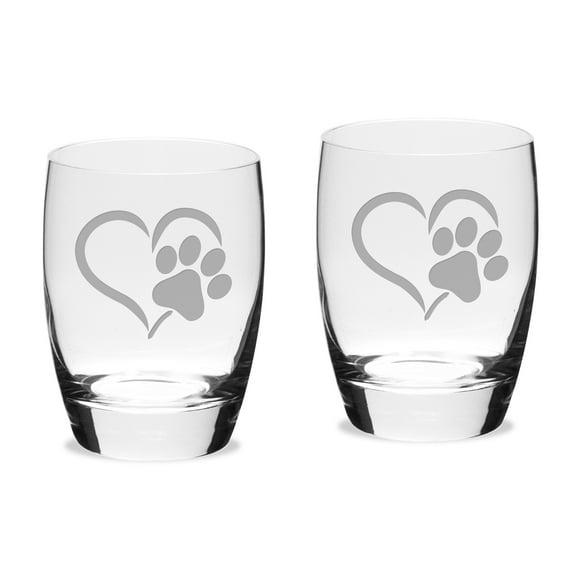 Paw Print Heart Deep Etched Luigi B Michelangelo Double Old Fashion Glass Set of 2