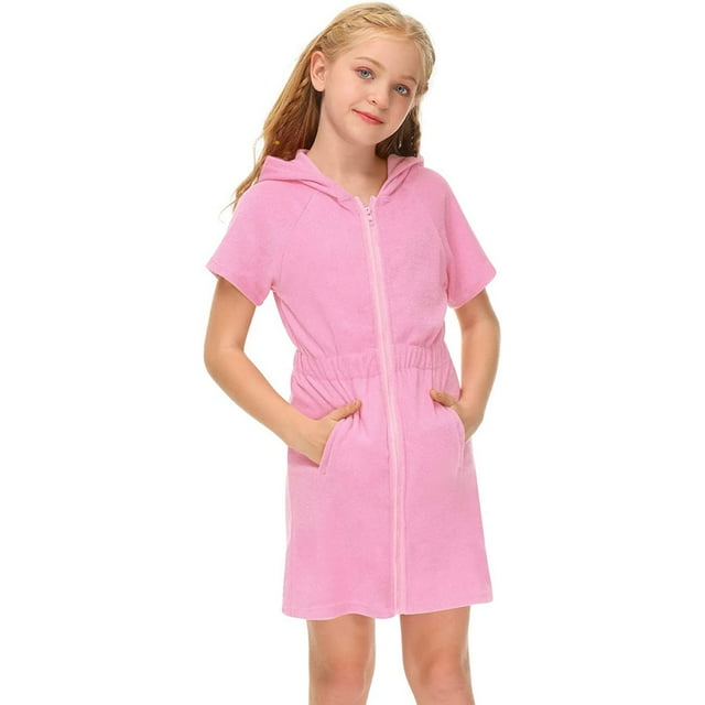 aDJFDGT Robes pour Filles 8-10 Maillot de Bain Fille Fermeture Éclair Robe de Bain à Capuche avec Poches Manches Courtes Robe de Plage