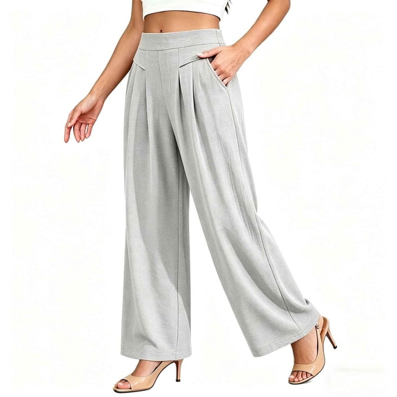 Htigea High Waist Palazzo Pants for Women Pleated Wide Leg Trousers Solid Color Casual Loose Fit Everyday Pant with Pockets Gray M