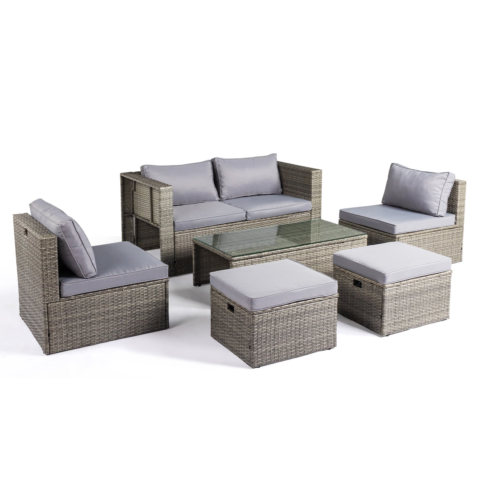 Ktaxon 7-Piece Modular Patio Sectional Set, All-Weather Rattan Set Grey Cushions