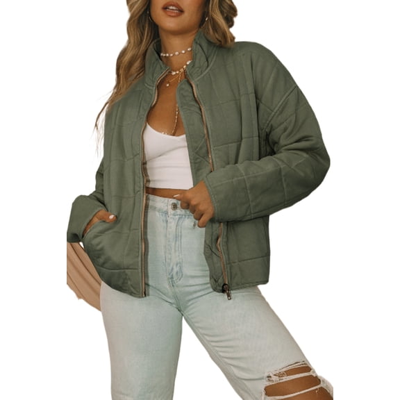 Women's Green Zip-Up Pocket Quilted Jacket – Casual Winter Outerwear for Daily Wear [ZhiHiMeRi] | 2XL