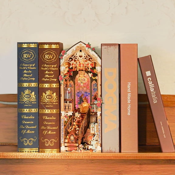Book Nook Kit for Adults, 3D Wooden Puzzle Music Booknook Miniature Dollhouse, Fairy Tale Bookend Bookshelf Decor with Dust Cover and LED Lights Gifts (Beast and Beauty)