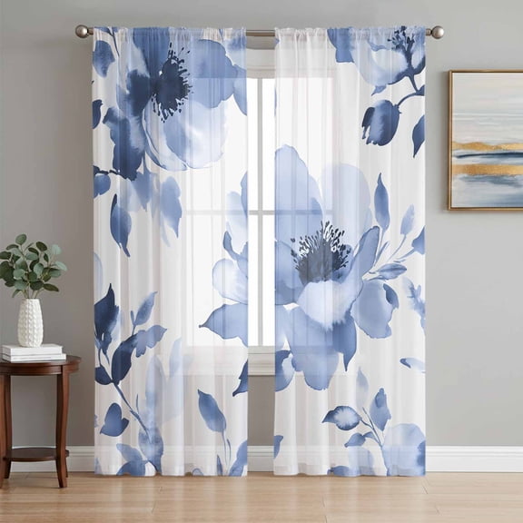 Blue Floral Spring Semi Sheer Curtains 108 Inch Length 2 Panels Set, Retro Watercolor Botanical Summer Sheer Kitchen Curtain Privacy Voile Window Curtain for Living Room Bedroom Rod Pocket Drapes