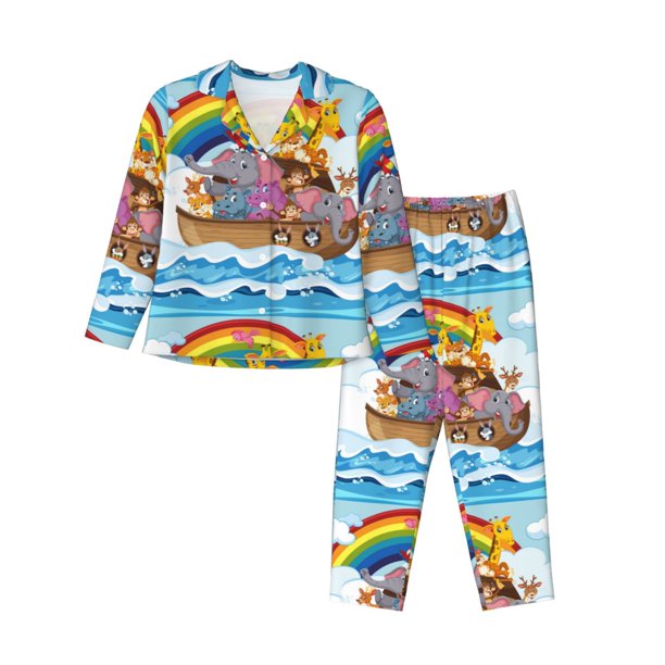 Balery Rainbow Animals on Noah's Ark Conjunto de Pijama con Estampado para Mujer, Conjunto de Dos Piezas con Manga Larga, Ropa de Dormir Suave con Bolsillos, Pijamas Cómodos-Large