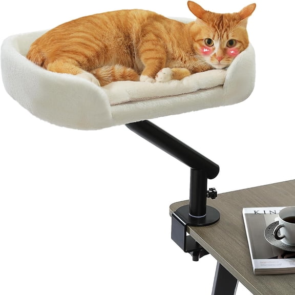 URRU Cat Desk Bed for Indoor Cats, Cat Bed for Desk Supports Up to 50 lbs, 360° Rotation & Adjustable, Nest Desktop Attachment Cats Hammock for Table, White