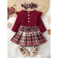 thumbnail image 4 of 3Pcs Baby Girls Outfit 3M 6M 9M 12M 18M Autumn Clothing Ribbed Long Sleeve Romper + Plaid Pleated Skirt + Headband Set, 4 of 10