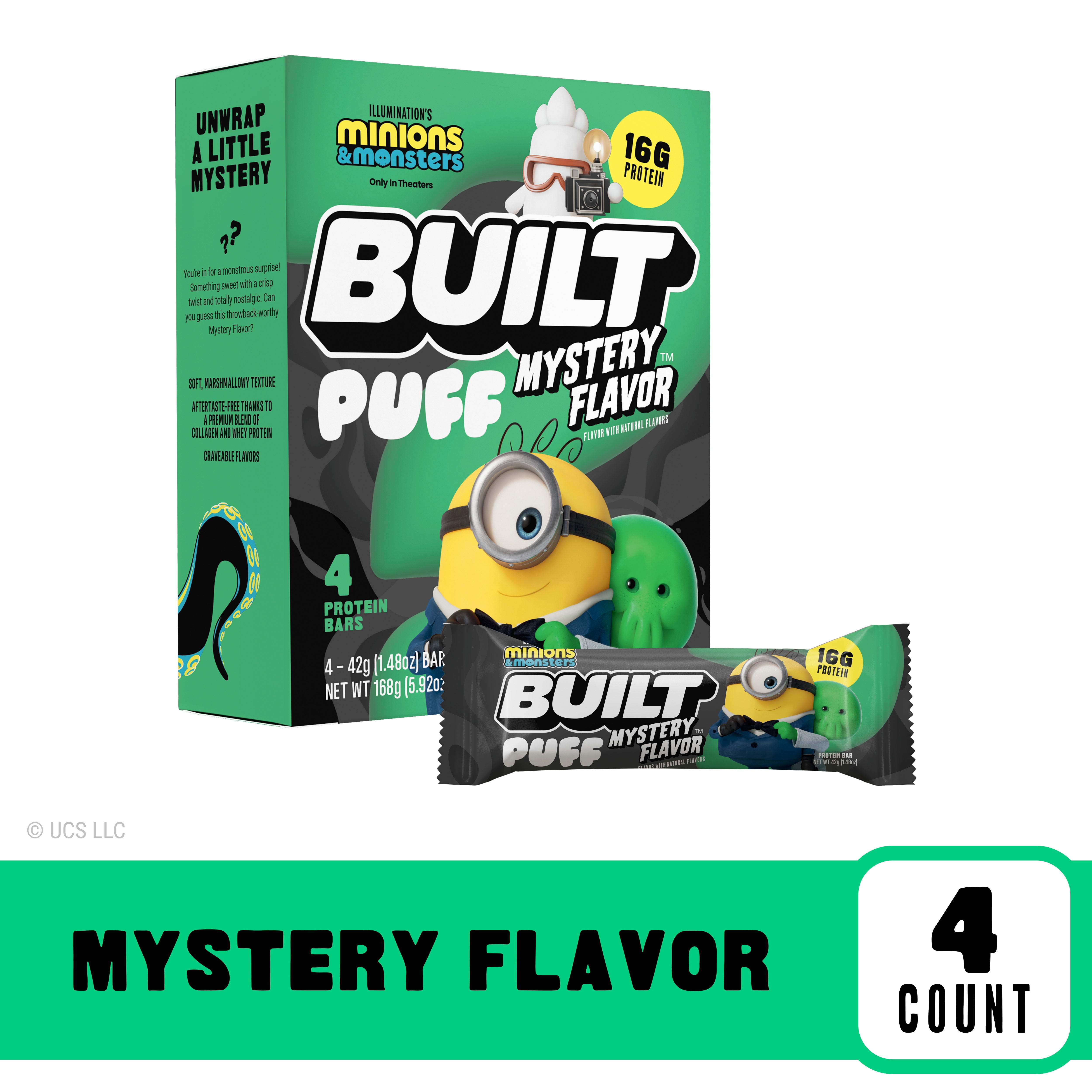 BUILT Puff Protein Bar, Mystery Flavor, 16g Protein, Collagen, 150 Calories, 4 Count Box, 1.48 oz Bars