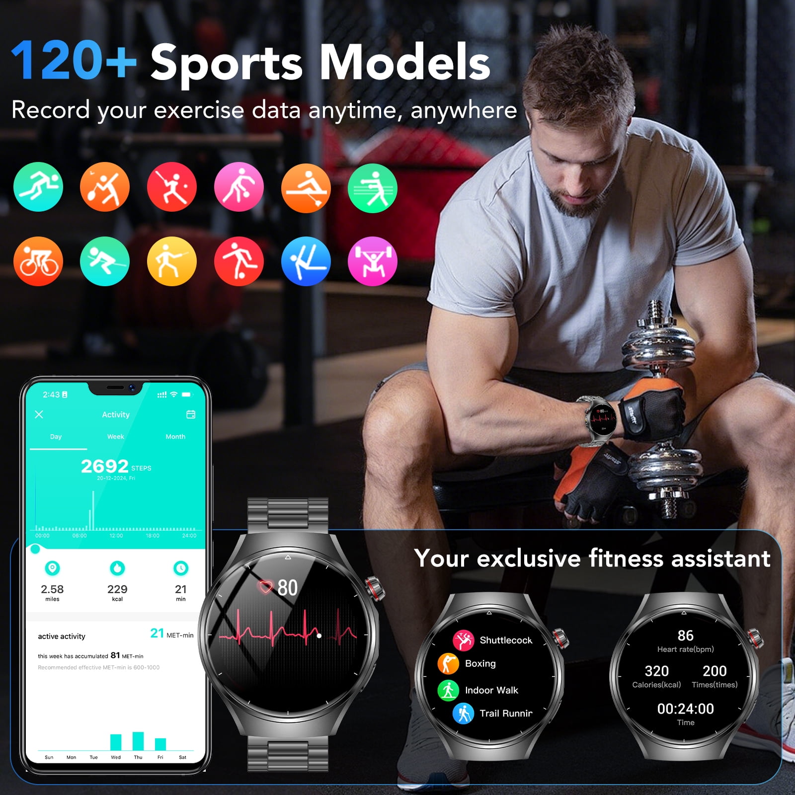 Smart Watch for Men, 1.52" AMOLED Bluetooth Calling Smartwatch for Android iOS, Built-in Flashlight, 1000mAh Long Battery Fitness Tracker, 120+ Sports, IP68 Water Resistant