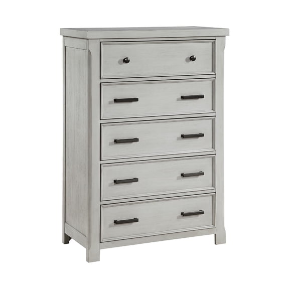 Benjara Brok Tall Dresser Chest, 5 Drawer Black Bar Handles, Light Gray Acacia