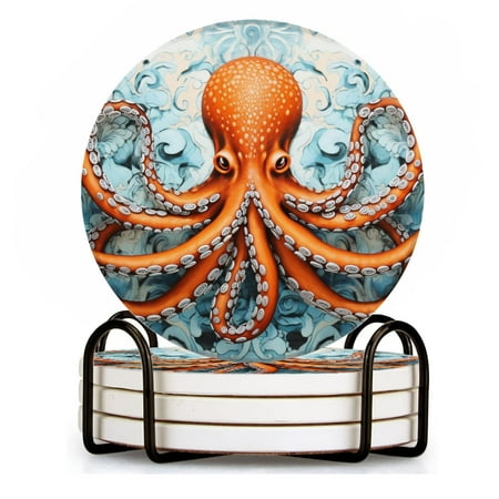 

BaHomeck Drink Coasters Set of 4 with Holder orange octopus with silver tentacles Water Absorbent Ceramic Coasters Tabletop Protection Suitable for Various Cup Home Decor