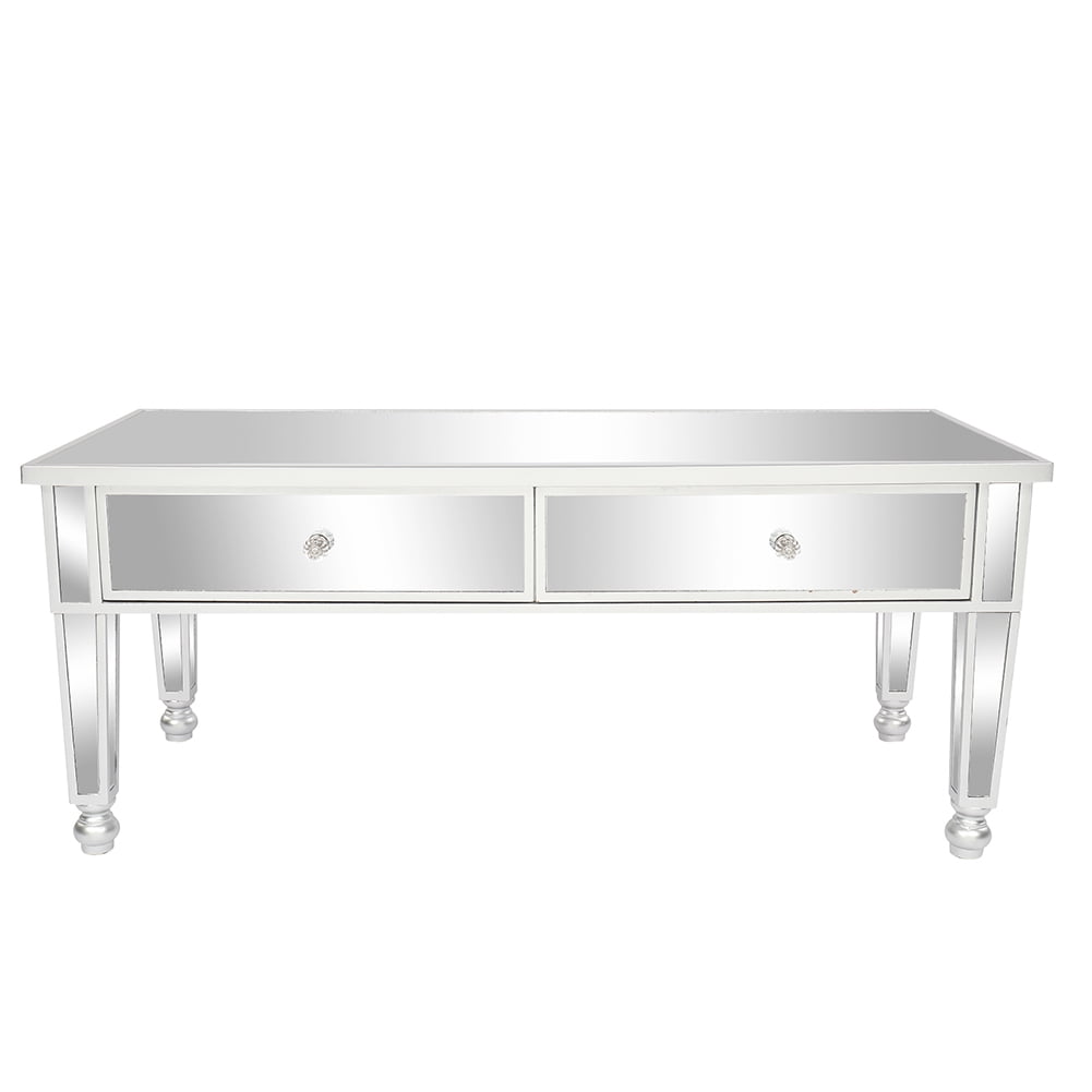 Kepooman Mirror Coffee Table with Two Drawers for Living Room, Silvery Mirror Glass Kepooman Mirror Coffee Table with Two Drawers for Living Room, Silvery Mirror Glass