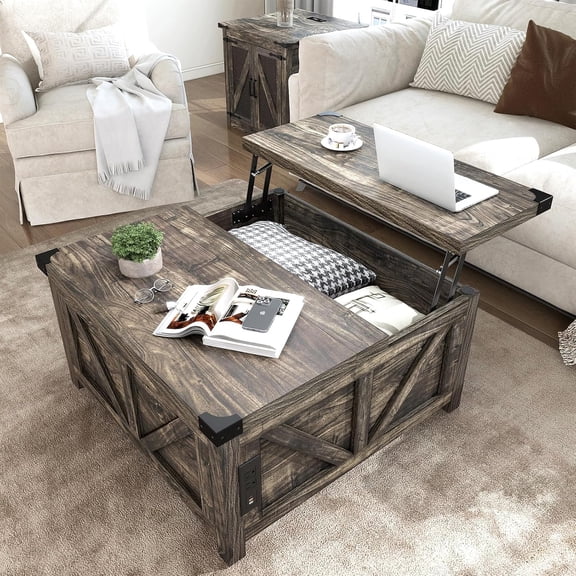 35.6" Farmhouse Lift Top Coffee Table with Storage, Square Coffee Tables for Living Room with Charging Station, Wood Storage Living Room Center Table w/Large Hidden Compartment, Dark Grey