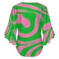 thumbnail image 6 of Pink Green Swirl Abstract Design Women's V-Neck Blouse With 3/4 Ruffled Bell Sleeves Casual Top Ladies Blouses, 6 of 7
