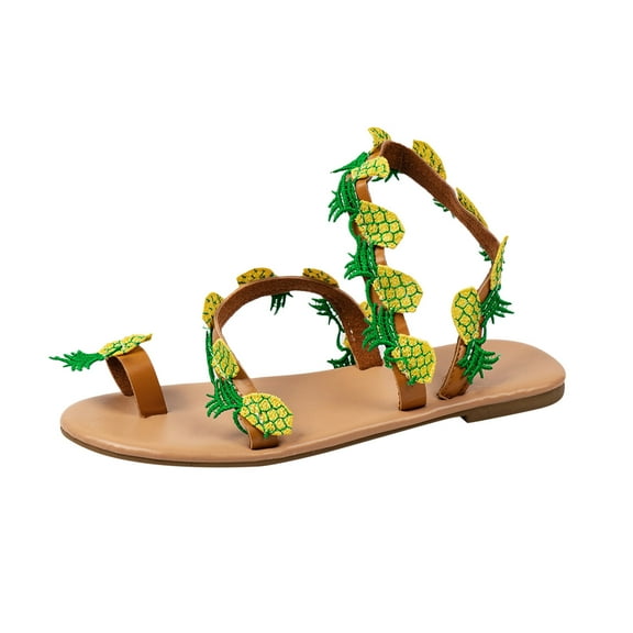 Anuirheih New Summer Roman Flat Shoes Casual Pullover Toe Women's Sandals Beach Shoes Sandals Women (Yellow)