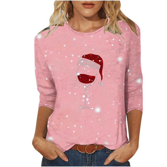 Besolor Chemises de Noël 3/4 pour Femmes Imprimées Col Rond Tuniques Décontractées Grande Taille Blouses de Vacances