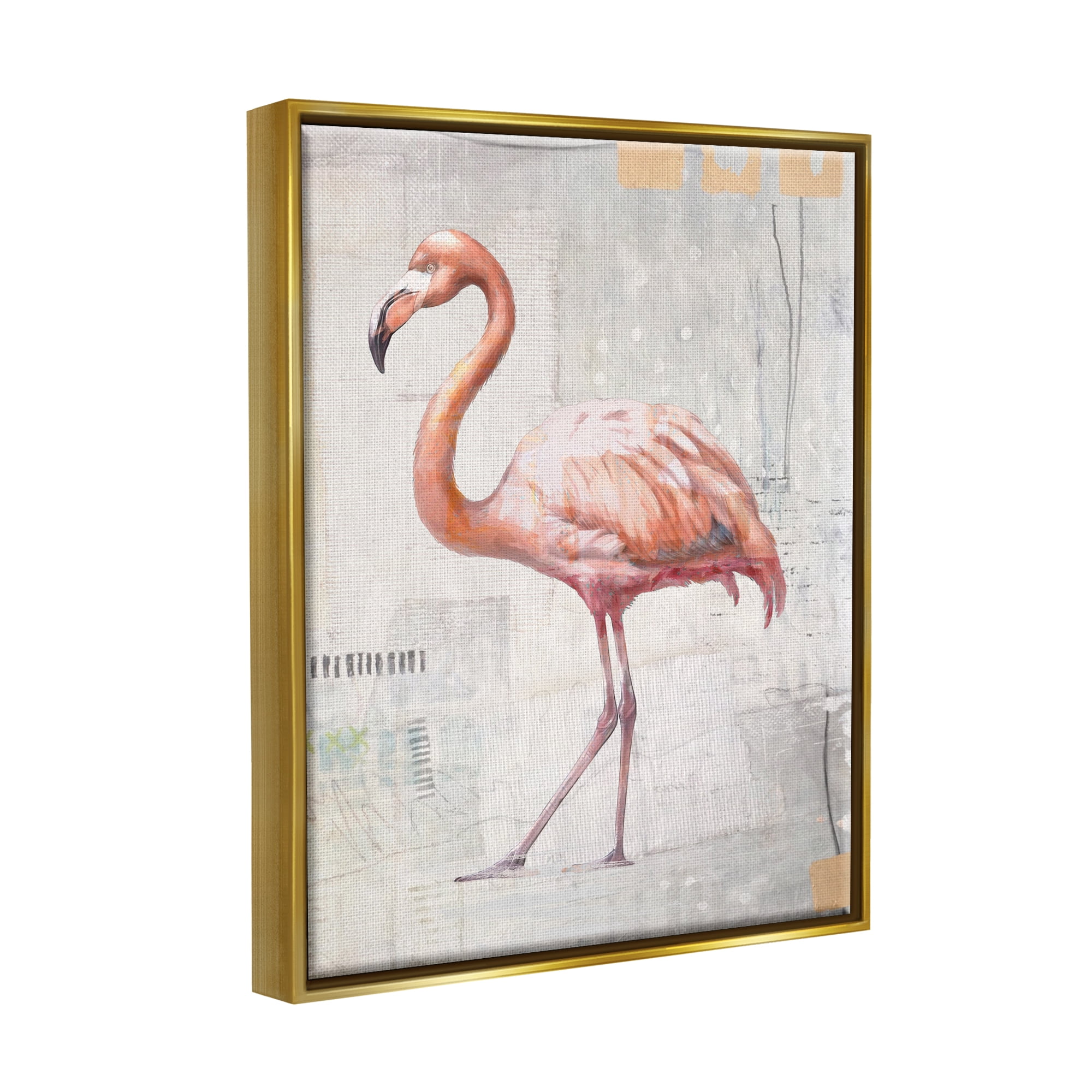 Stupell Industries Modern Flamingo Collage Animals & Insects Painting Gold Floater Framed Canvas Art Print Wall Art, 25 x 31