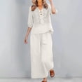 thumbnail image 2 of CIENVNSTG Linen Sets For Women 2 Piece Casual Vneck Embroidered 3/4 Sleeve Tops Wide Leg Linen Pants Set Mature Women Clothing White 3XL, 2 of 8