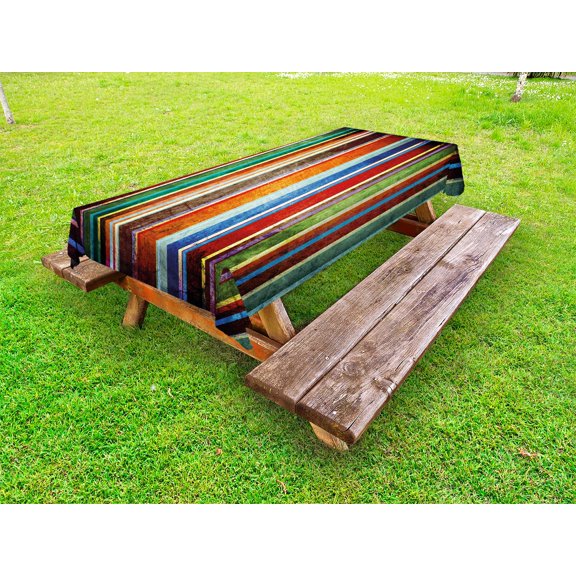 Stripes Outdoor Tablecloth, Vertical Lined Colorful Retro Bands with Damage Effects Old Fashion Weathered Display, Decorative Washable Fabric Picnic Table Cloth, 58 X 84 Inches,Multi, by Ambesonne