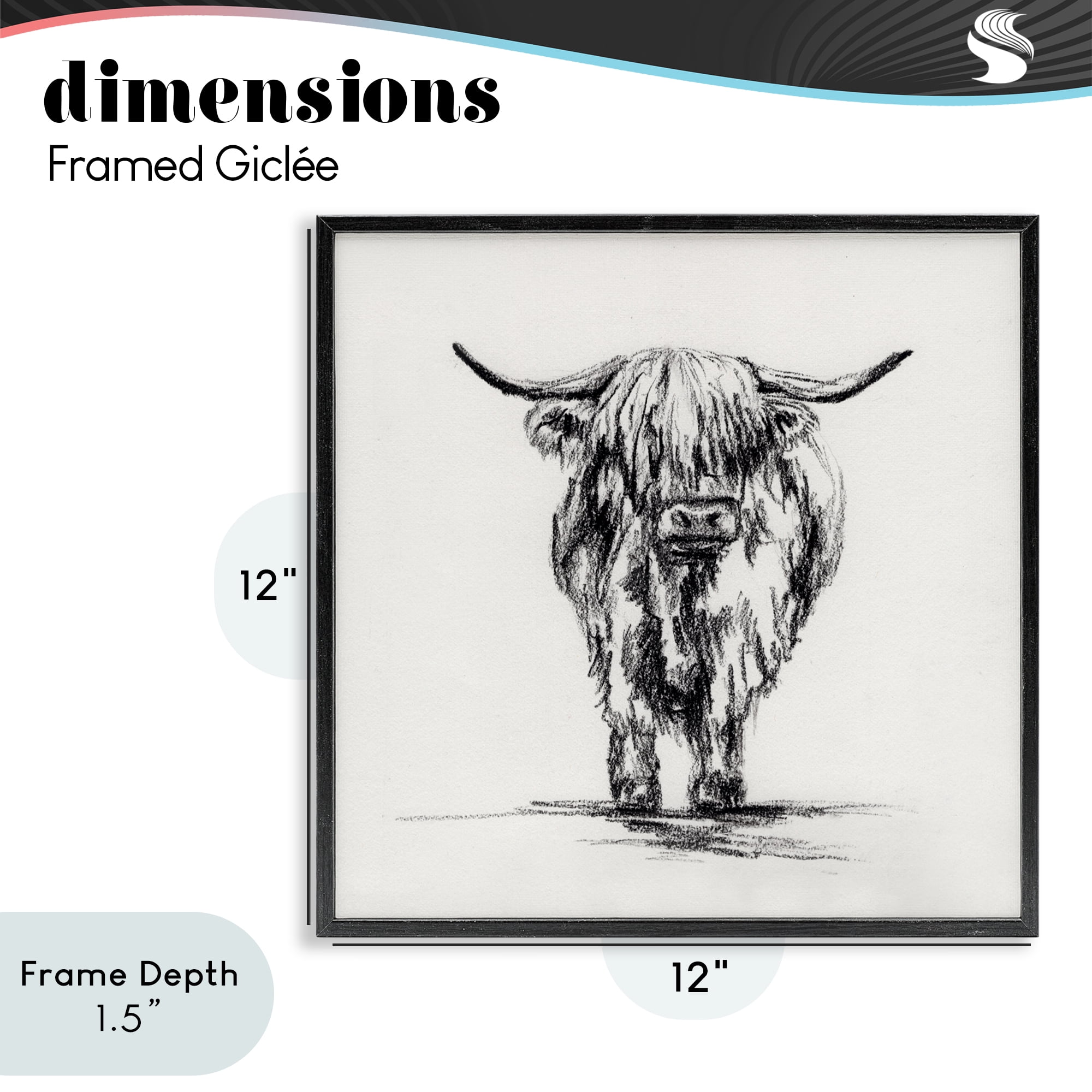 Stupell Industries Highland Cow in Charcoal Black Framed Giclee Art, design by Leah Noel Art