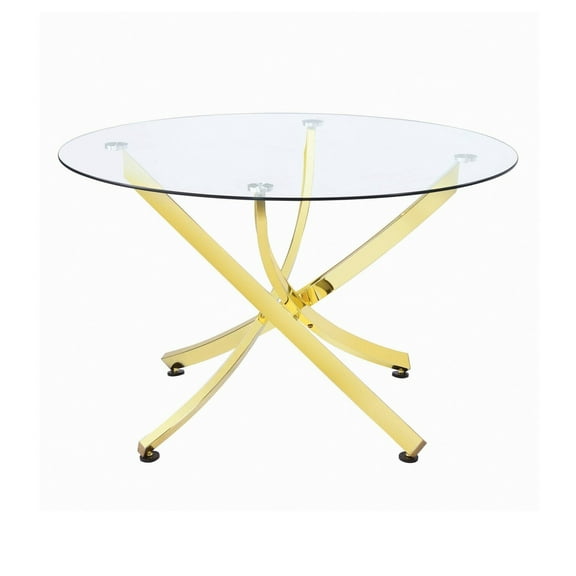 Modern Round Dining Table - 60 Inch Gold Metal Base Glass Top - Contemporary Accent Table for Dining Room