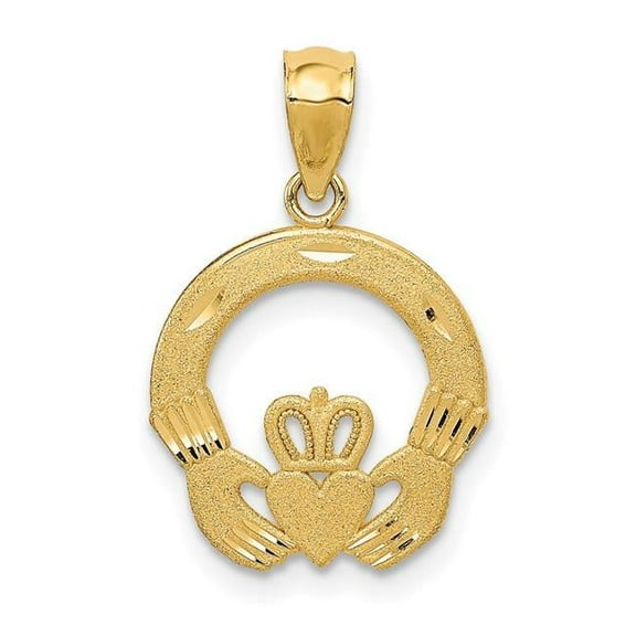 14k Yellow Gold Solid Satin Diamond Cut Finish Flat-Backed Claddagh Design Charm Pendant