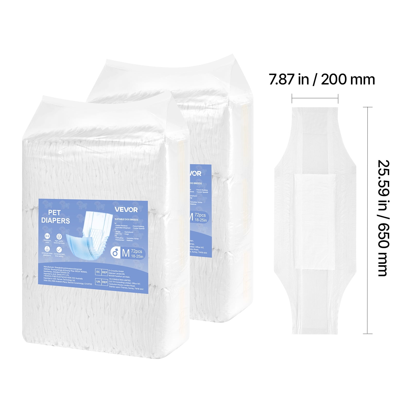 VEVOR Disposable Male Dog Diapers, Super Absorbent Male Dog Wraps, 360 ° Leak-Proof Belly Bands with Wetness Indicator for Doggies in Heat, Training, Incontinence - M, 144 Count (2 Packs of 72)