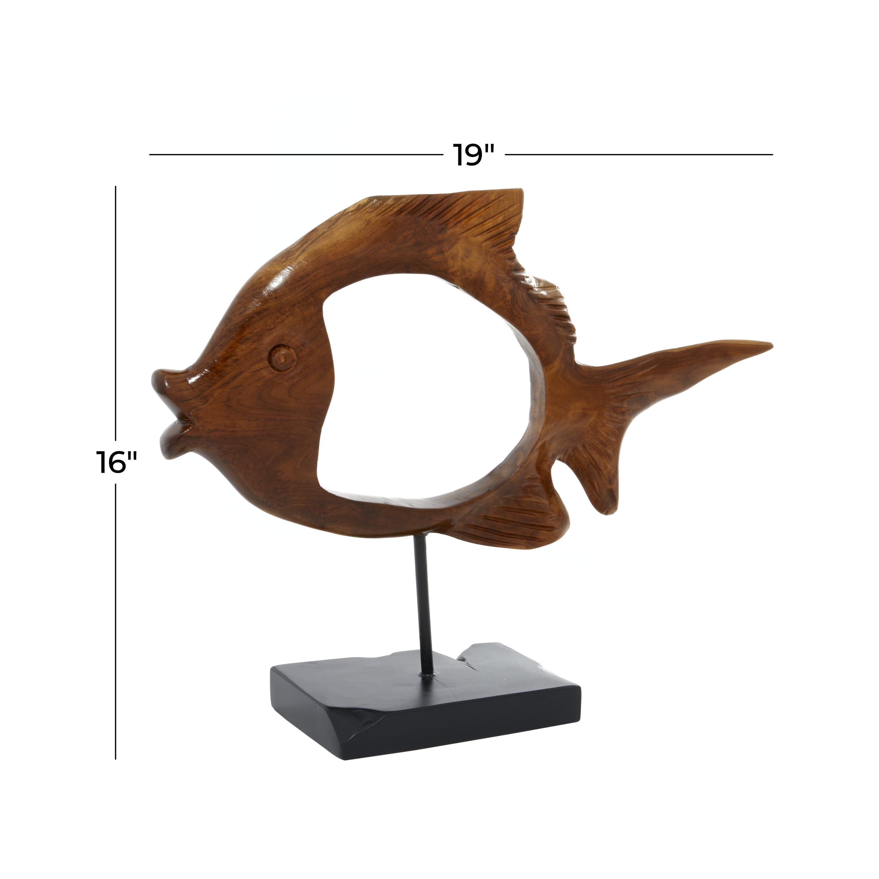 19" x 16" Brown Teak Wood Handmade Carved Fish Sculpture with Stand, by DecMode