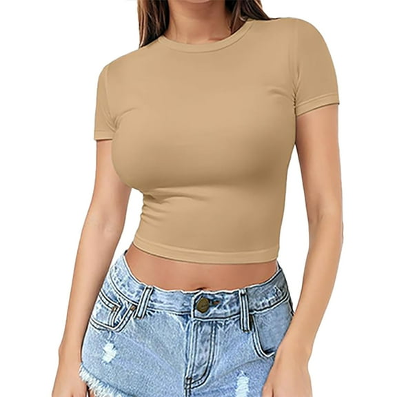 Moonker Basic T Shirts for Women Under $5 Women's Crop T Shirt Summer Pullover Top Women's Thin Round Neck Fashion Short Sleeves