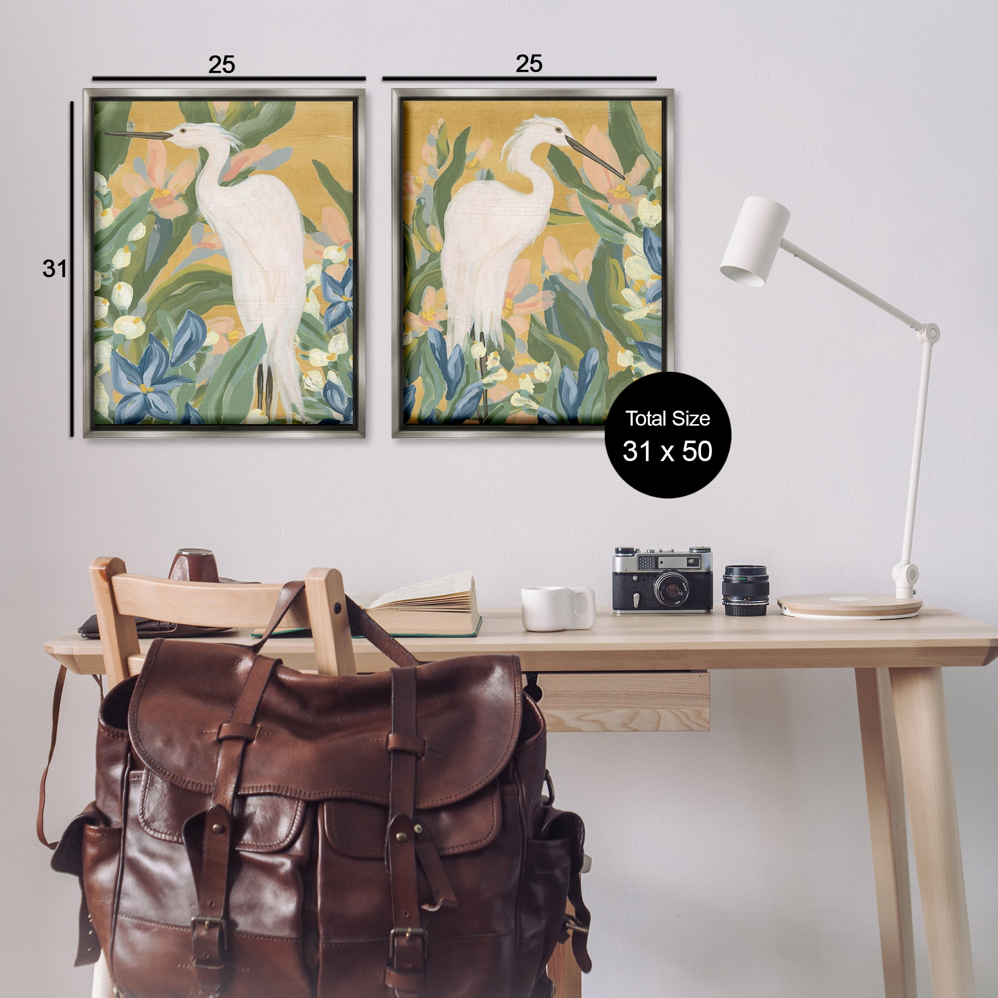 Stupell Industries Great Egret in Blooming Bushes Animals Painting Gray Floater Framed Canvas Art Print Wall Art, 31 x 25, Set of 2