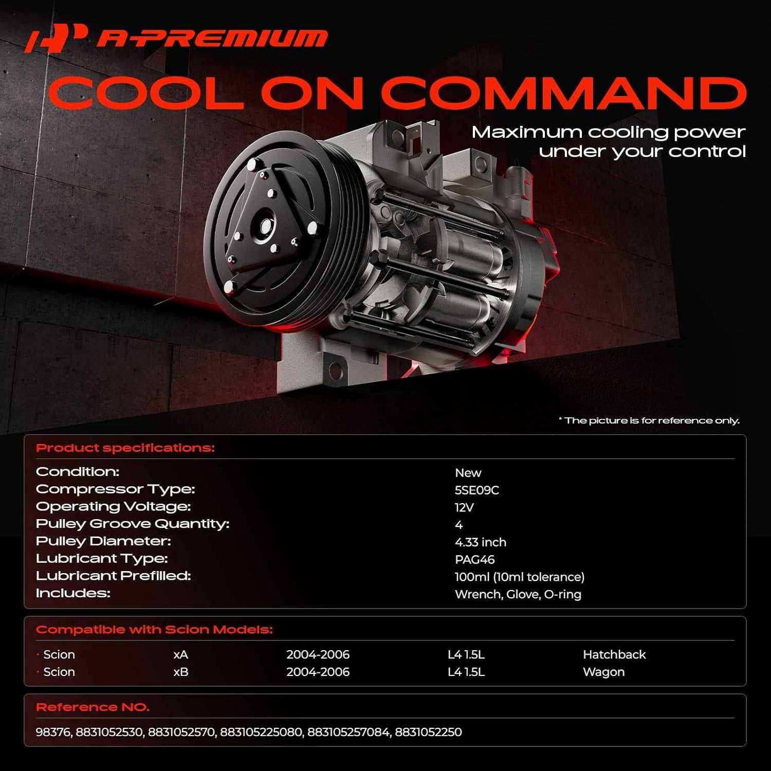 A-Premium AC Compressor with Clutch Compatible with Scion xA xB 2004-2006 L4 1.5L