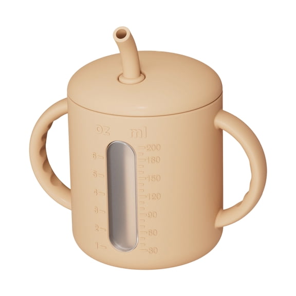 Silicone Baby Training Cup (4.60×3.70×2.87in), 200ml Double Handle Leak-Proof Sippy Cup with Scale & Transparent Window, BPA-Free Toddler Water Bottle(Light Brown)