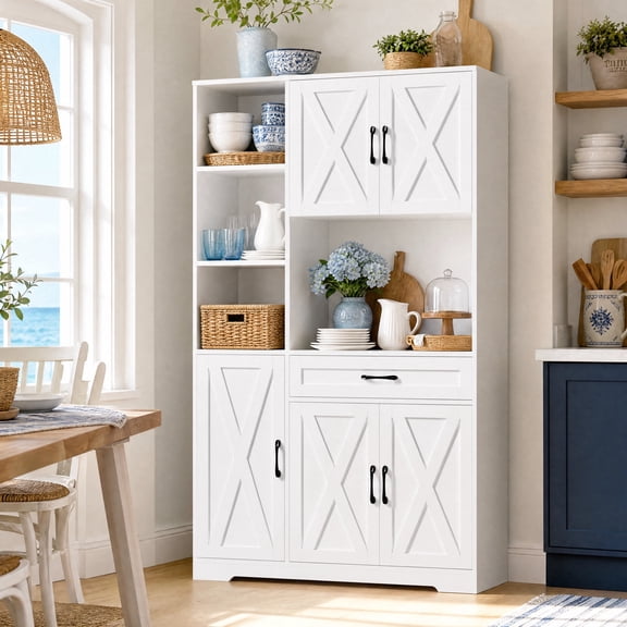 Hiphuta 71"Farmhouse Kitchen Pantry Storage Cabinet, Freestanding Modern Coffee Hutch with Microwave Stand, Sturdy Pantry Cabinet for Dining Room, White