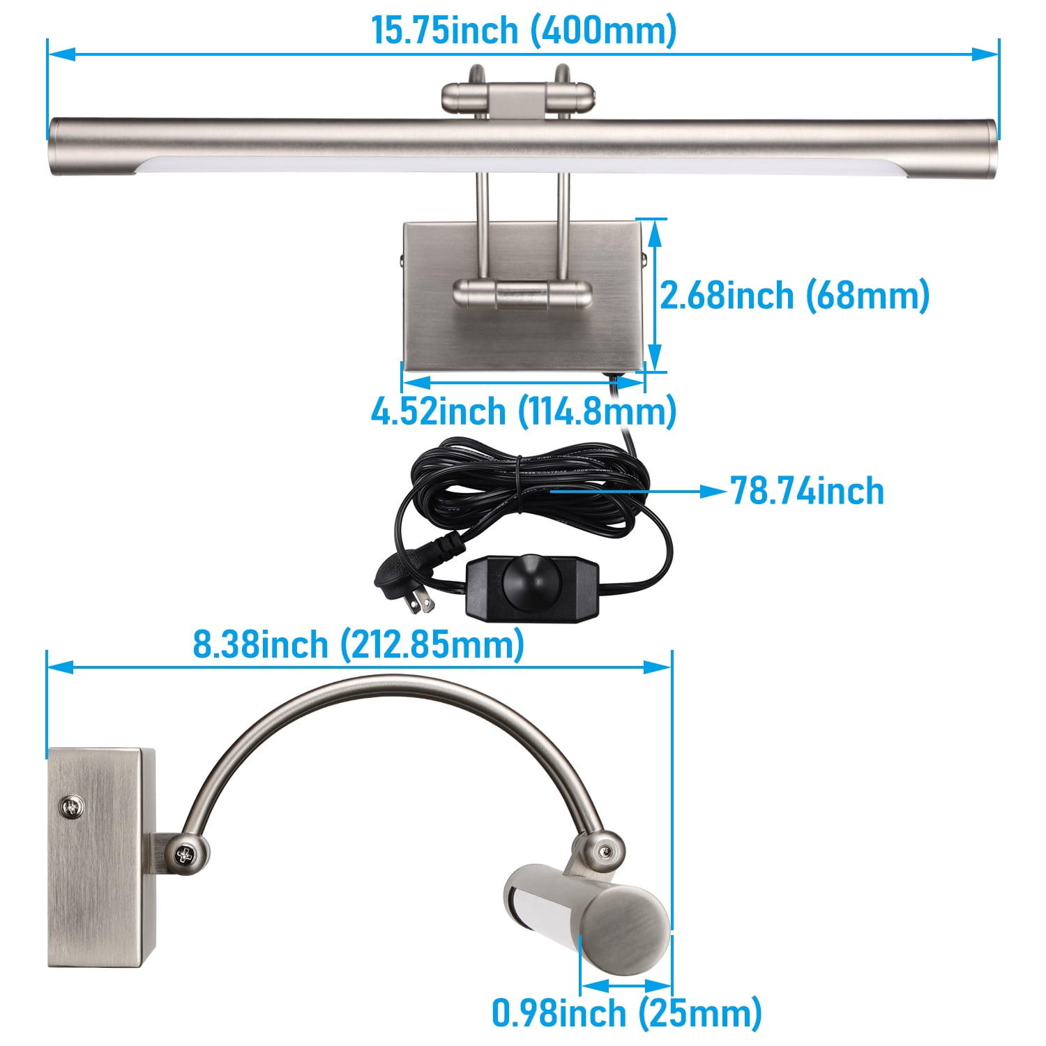 2 Pack LED Picture Lights, 15.75", Metal Dimmable Artwork Lamps, CRI90+, Plug-n-Play & Hardwire Art Lighting, Satin Nickel