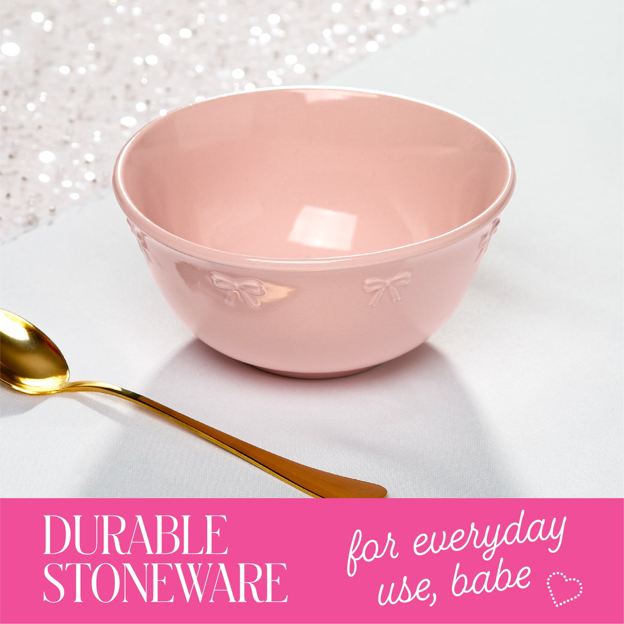 Paris Hilton London Collection 6.25-Inch Ceramic Soup Bowl, Cereal & Snack Bowl, Microwave Safe, Blush Pink with Embossed Bow Detailing