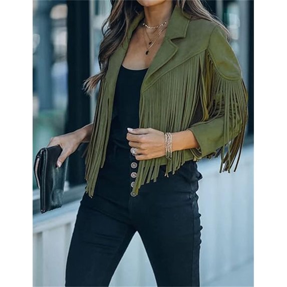 utcoco Women's Short Fringe Leather Jacket Moto Biker Open Front Tassel Coat