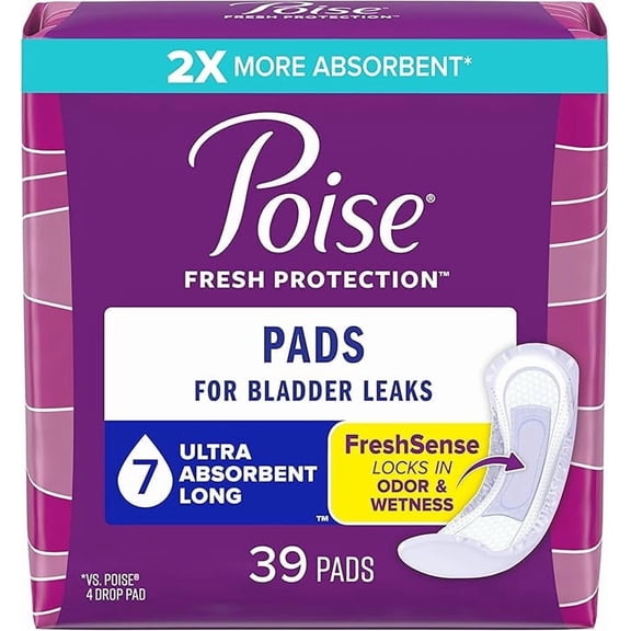 Poise Incontinence Pads and Postpartum Incontinence Pads 7 Drop Ultra Absorbency Long Length 39 Count Packaging May Vary
