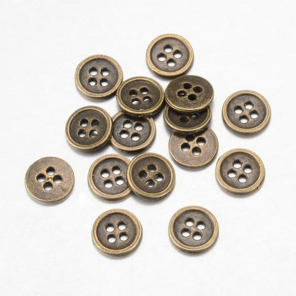 20pc Alloy Buttons 4-Hole Flat Round Tibetan Style Bronze 10x1.5mm Hole: 1mm