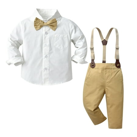 

QWERTYU Toddler Baby Child Boy Bow Tie Shirts and Suspender Pants Set Long Sleeve Clothing Set Outfit Khaki