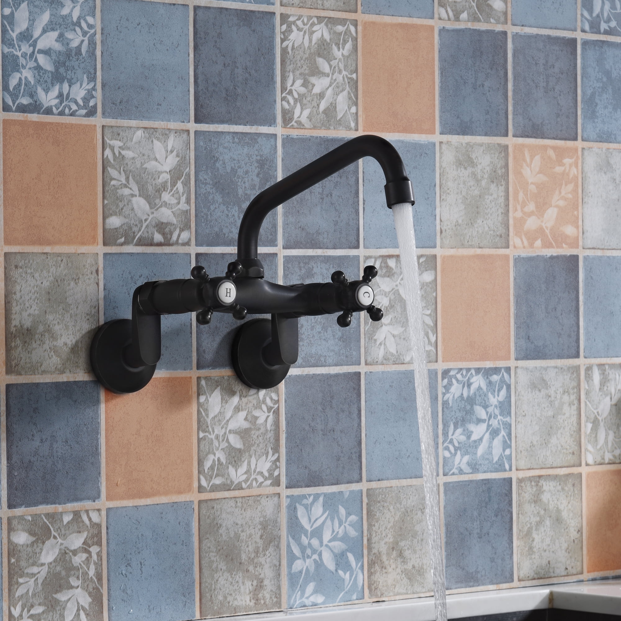 Sumerain Wall Mount Kitchen Sink Faucet, 6-Inch Adjustable Center Sink Faucet, 2 Cross Handles Kitchen Sink Tap, Matte Black