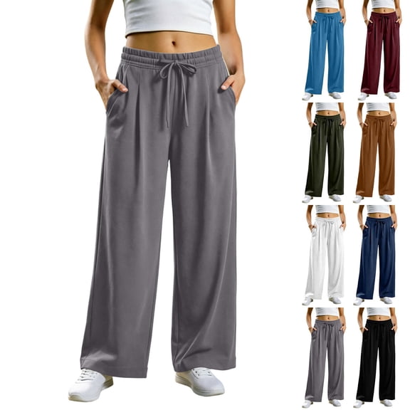Iroehba Pants for Women Mid Waist Drawstring Trousers Solid Colored Wide Leg Sweatpants with Side Pockets, Relaxed Cut for Outdoor Strolls and Daily Wear