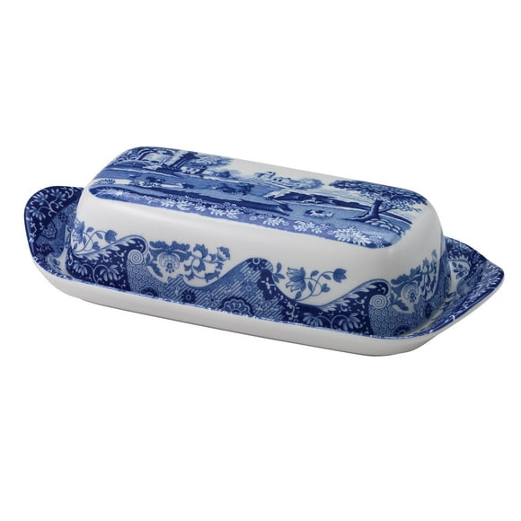 Portmeirion Blue Italian Collection Butter Dish | Made of Porcelain | Butter Dish with Lid | Covered Butter Keeper for Kitchen | 8 Inches | Dishwasher Safe | Blue/White