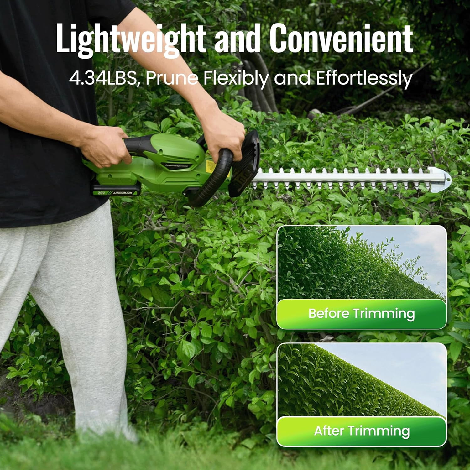 19 Inch Cordless Hedge Trimmer with 20V Battery, 1300RPM Motor for Garden Bush Shaping