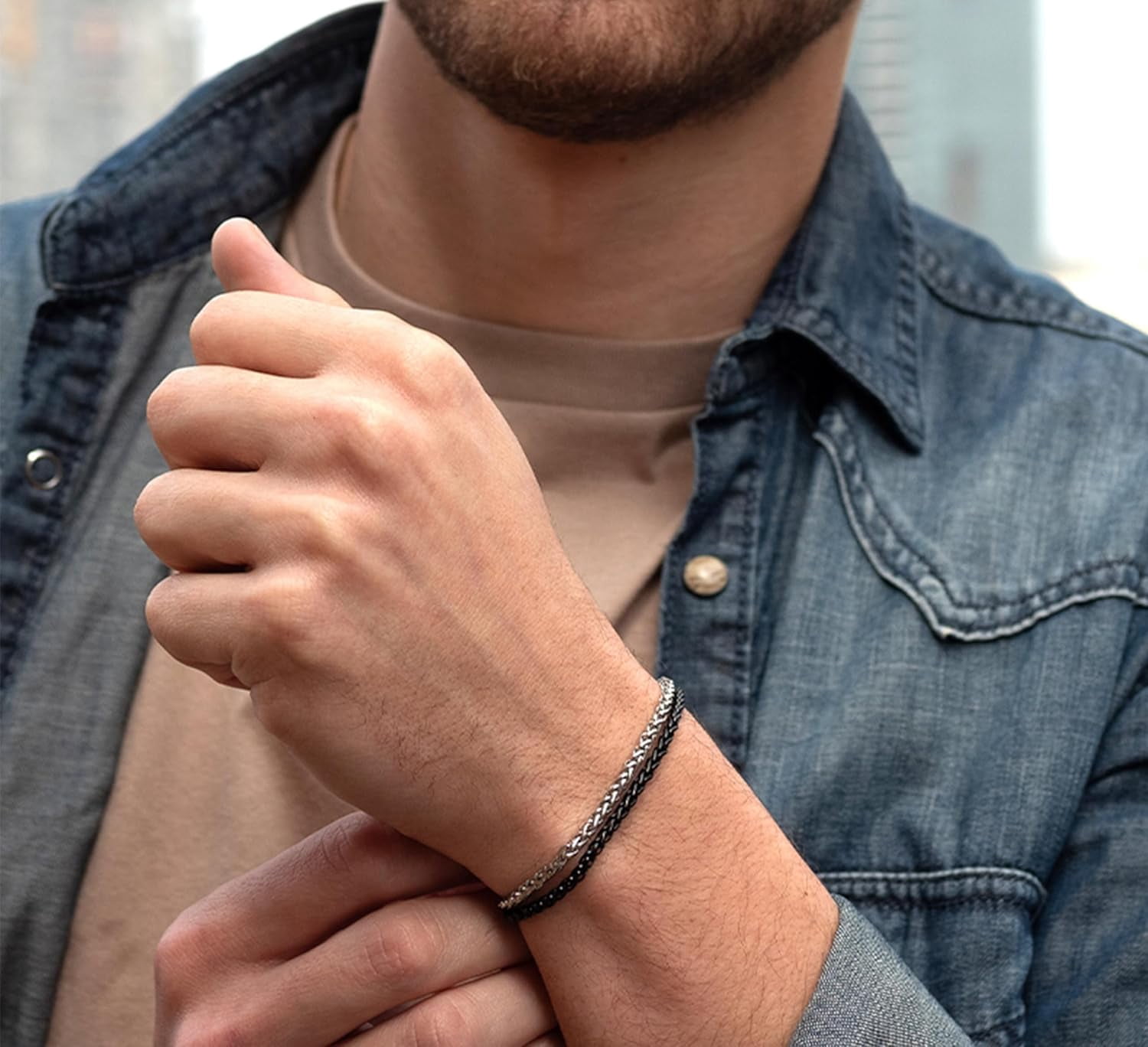 Mens Bracelet,Stainless Steel for Men, Non Tarnish Rope Chain Bracelets, Stylish Birthday Gift for Boys, Dad, Son, Boyfriend - Silver & Black 7"