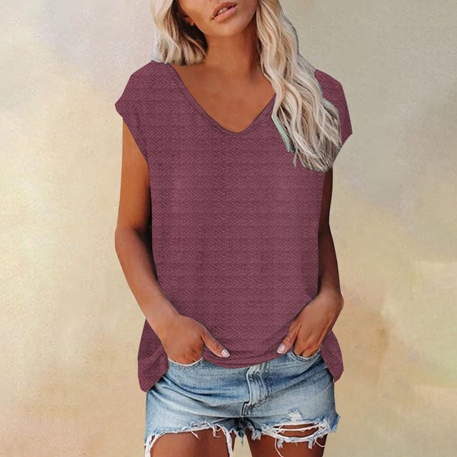 YLHFASHION T-shirt à Manches Courtes Col en V Texture Géométrique Simple et à la Mode pour Femmes Liquidation