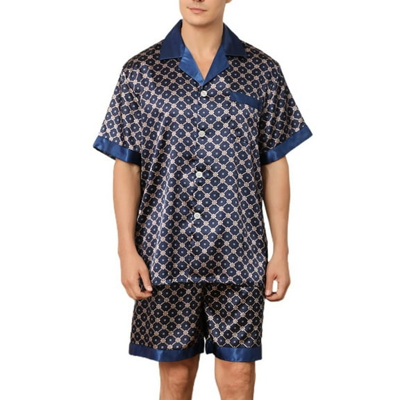 SWSMCLT Men's 2 Piece Pajamas Lightweight Shorts Printed Silky Summer Casual Soft Pj Set Short Sleeve Dark Blue X-Large